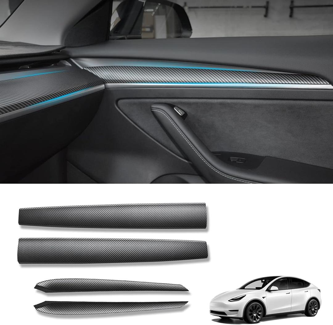 KKTR-CAR Dashboard Cover Wrap and Front Door Inner Armrest Panel Cover Trim Compatible with Tesla Model 3 2021-2023 Model y 2020-2025,NOT for Performance (Matte Carbon Fiber Pattern, 4pcs)