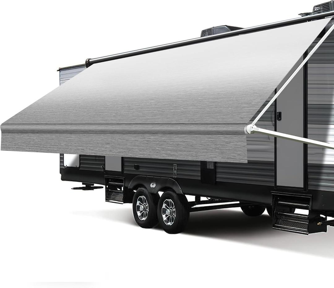 RV Awning Fabric Replacement, 18.5oz Heavy-Duty Weatherproof Vinyl Camper Awning Replacement Universal Outdoor Canopy for RV, Motorhome, and Trailer Awnings-Light Gray Fade-16(Fabric 15'2")