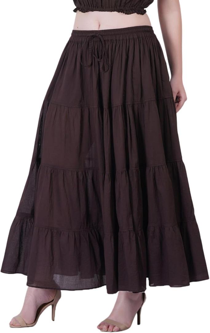 Wevez Womens Boho Flowy Maxi Skirt White, Flared Ruffle A-Line, Elastic Waist Long Summer Spring Skirt, 8-26, Dark Brown