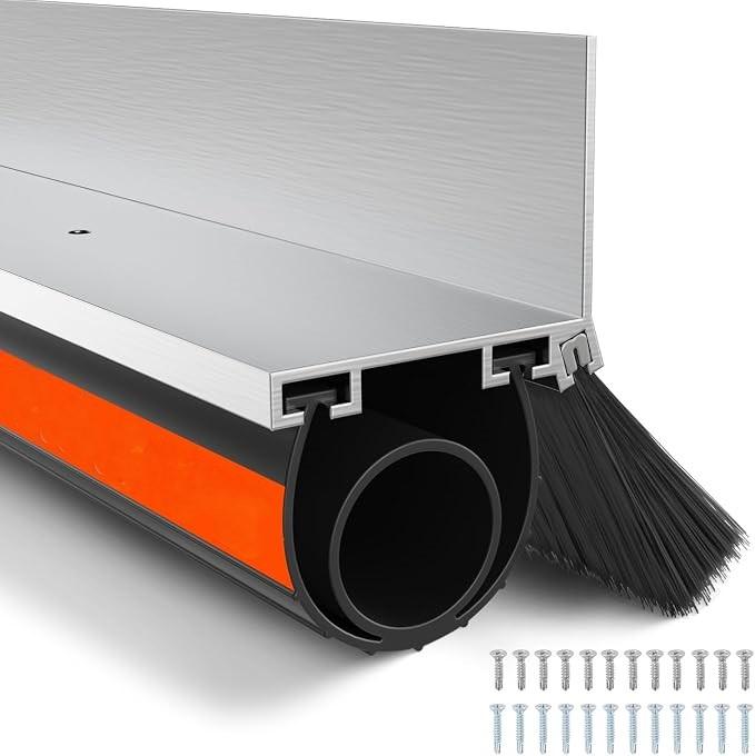‌POWLAB Universal Garage Door Seals Kit -10FT EPDM U+O Bottom Rubber Weatherproof Seal & Brush, Pre-Drilled Aluminum Track Retainer Base Kit for Steel/Wooden Doors, Noise Reducing