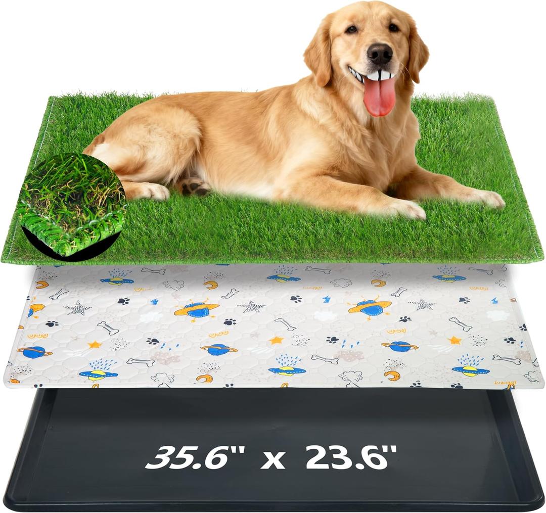 Reusable Dog Loo System with Artificial Grass Turf&Pee Pads&Tray, for Puppy Potty Training is Portable&Easy to Clean,35x23in Large Dog Litter Box Toilet for Indoor/Outdoor useLarge