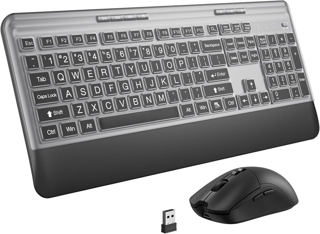 KOPJIPPOM Silent Wireless Keyboard and Mouse Combo - Keyboard with Large Print Cover, 2.4GHz Full-Sized Ergonomic Keyboard with Wrist Rest and Mouse for Laptop, PC, Notebook, Desktop (Black)