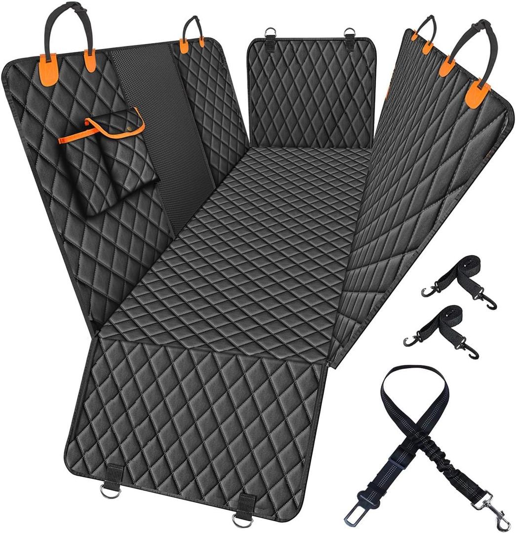 Premium Dog Car Seat Cover for Back Seat  Heavy-Duty Hammock Style with Seat Belt, Waterproof, Anti-Slip, Scratch-Resistant, Durable Pet Protector for SUV Truck, Easy to Clean, Universal Fit (Standard(Sedan / Compact / Mid-Size SUV Fit), Black&Orange)