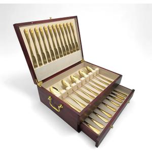 Silverware Storage Box, Kitchen Drawer Organizer, Drawer-containing flap-type storage box, Wood Chest, with Tarnish Proof Felt Lined, Storage Silver Chest for Kitchen (2 layer)