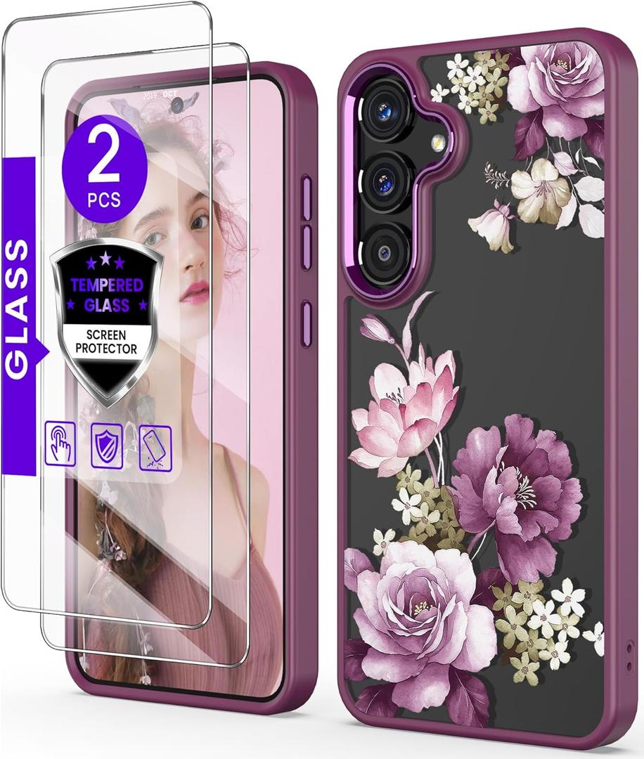 for Samsung Galaxy S25 FE 5G Case+Tempered Glass Screen Protector,Military Grade Protective Slim Soft TPU Hard PC,Girls Women Crystal Clear Flower Pattern Case Cover for Galaxy S25 FE-Purple