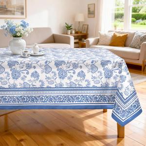 Rustic Blue Floral Tablecloth Waterproof, Classic French Country Table Cloth Rectangle Stain Resistant, Washable Table Cover for Home Kitchen Dining Party Decoration (60120 Inch)