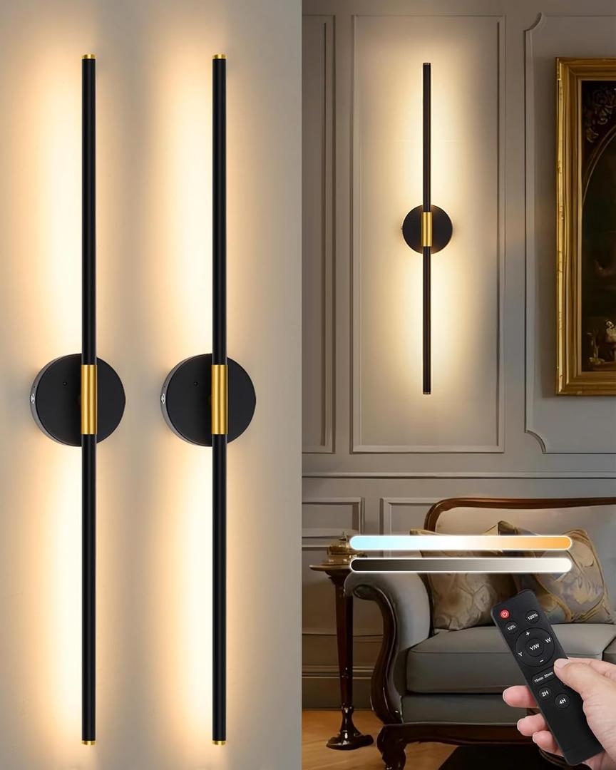 40 Inch Battery Operated Wall Sconce Set of 2 - 8000mAh, Wireless, Rechargeable, Dimmable, 3000K-6000K, Remote, Touch Control, Timer, 350 Rotate, LED Wall Lamps for Living Room, Bedroom, Black Gold