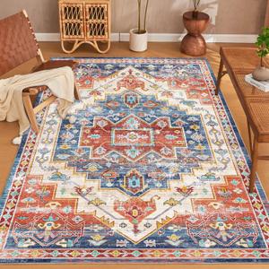 Washable Soft Blue Orange Rug - Vintage Boho Oriental - 8x10 - Bedroom, Living Room, Dining Room - Non Slip