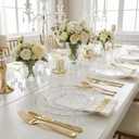 Rubtlamp 350 Pcs Clear Gold Plastic Plates, Hammered Disposable Dinnerware, Clear-Gold Plates Set Include 100 Plastic Platos, 150 Gold Disposable Silverware, 50 Cups And 50 Napkins for Party