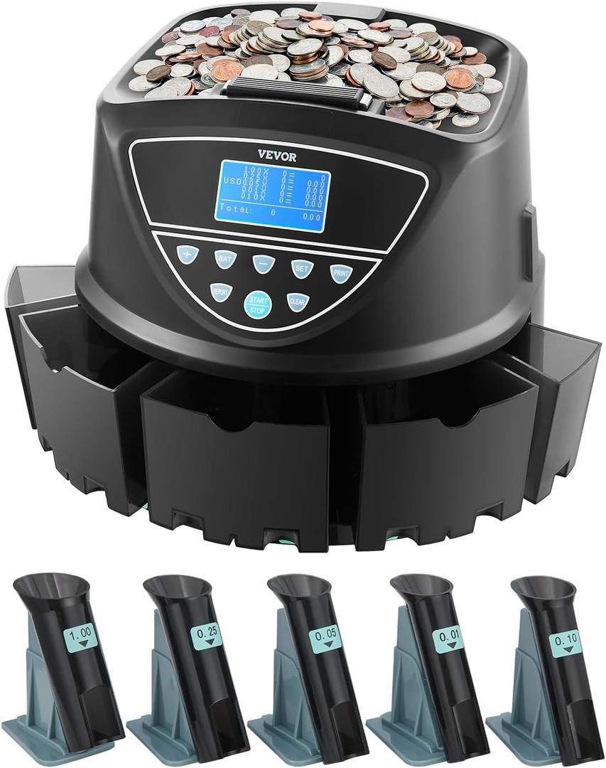 VEVOR Upgraded Coin Counter & Sorter, Coin Sorter and Wrapper Machine with Intuitive Display, Change Counter for USD Coins 1 5 10 25 $1, Sorts up to 300 Coins/Min, with 5 Coin Tubes and 5 Trays