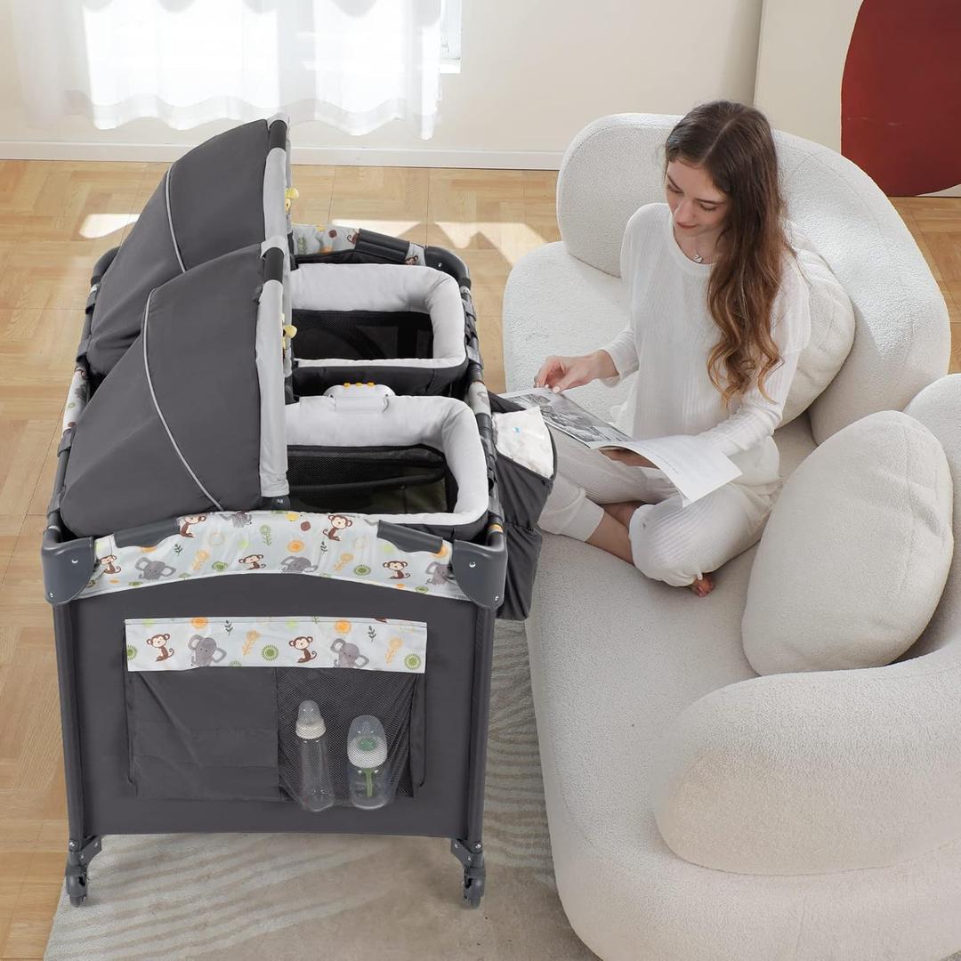 Twin Bassinet & Full-Size Infant Bedside Bassinet & Playard for Baby, Includes 2 Removable Rock-A-Bye Portable Bassinets with Storage Bags, Gray (Grey)