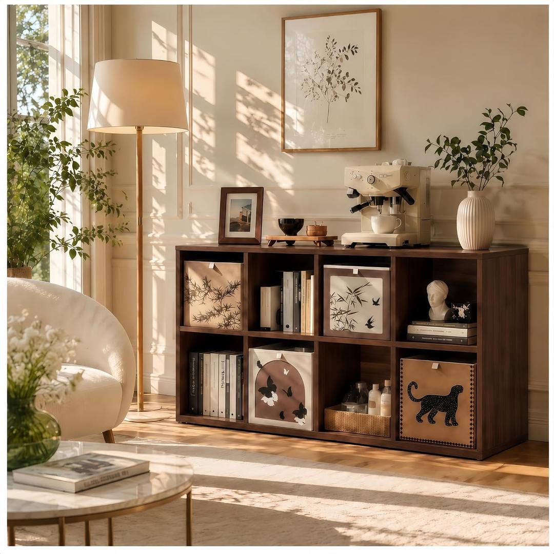 Solid Wood Walnut 8 Cube Storage Organizer Shelf with 4 Bins,Low Bookcase, 47.3″ x11.8″ x29.6″(H）