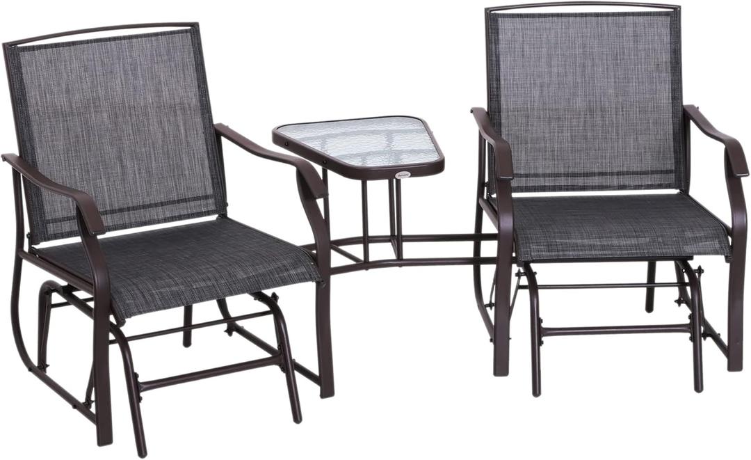 Outsunny Outdoor Glider Chairs with Coffee Table, Patio 2-Seat Rocking Chair Swing Loveseat with Breathable Sling for Backyard, Garden, and Porch, Gray (Grey)