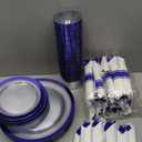 I00000 350 Pcs Dark Blue Plastic Plates,Clear Disposable Plates for 50 Guests,Blue Dinnerware Include 50 Dinner Plate 50 Dessert Plate,50 Cups,50 Pre Rolled Napkins with Cutlery Set for Party,Wedding