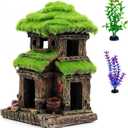 AWXZOM Fish House - Aquarium Decoration with Lifelike Moss, Comes with 2x Artificial Plants
