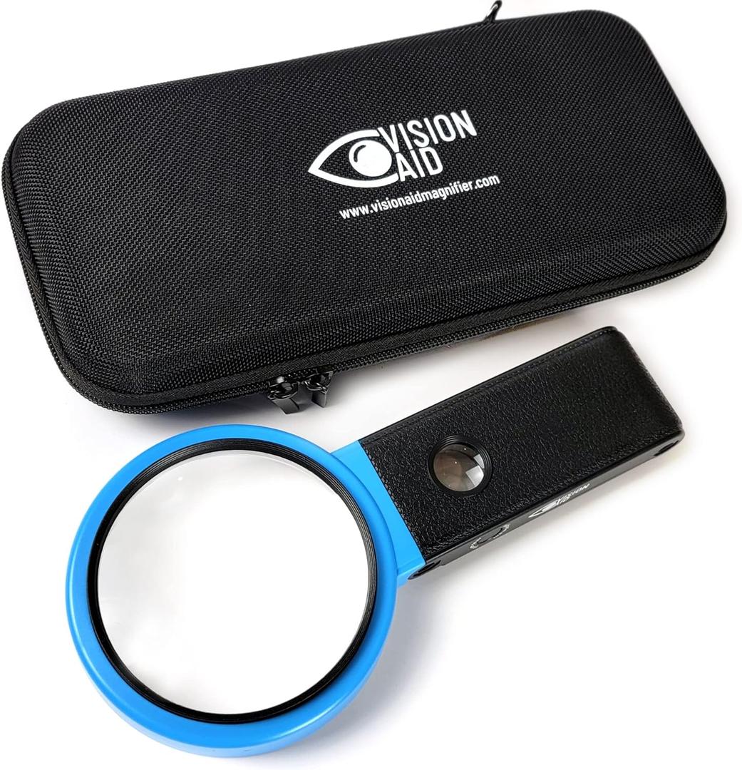 Vision Aid Hands-Free Magnifying Glass with Stand, LED Light, Sturdy Storage Case - Handheld Magnifier for Jewelry Coins Watch Hobby Crafts Close Work Reading