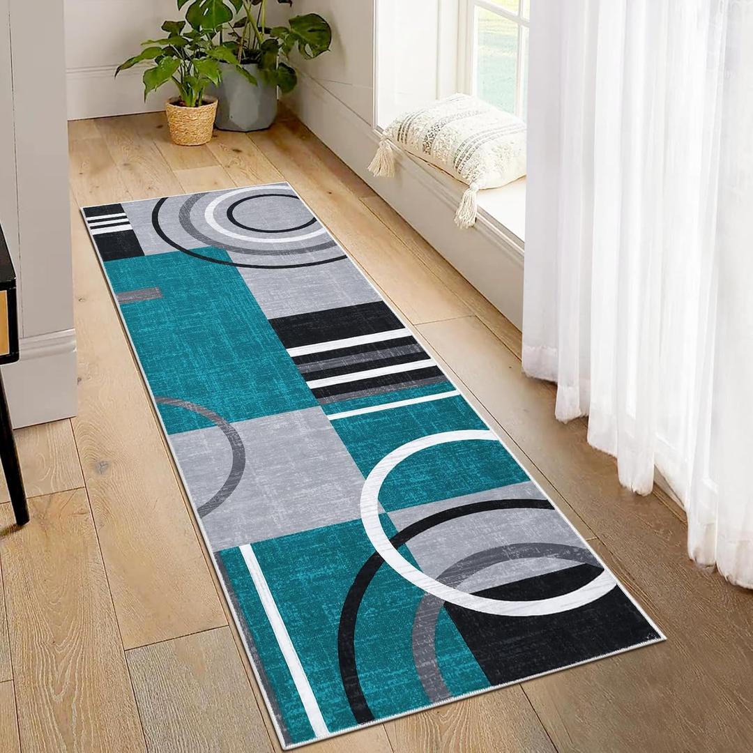 GarveeHome Washable Runner Rug 2x10 Modern Circle Rugs Runner Non Slip Low Pile Rug for Hallway Soft Long Rugs Indoor Floor Carpet for Kitchen Bedroom Entryway, Turquoise