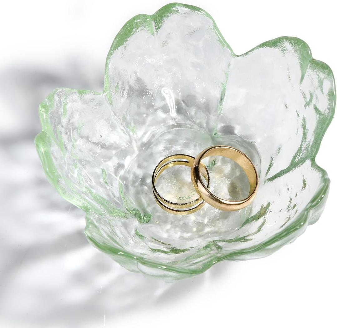 Green Glass Ring Holder Dish, Cherry Blossom Decor Jewelry Trinket Tray, Rings Earrings Keys Storage Organizer Bowl