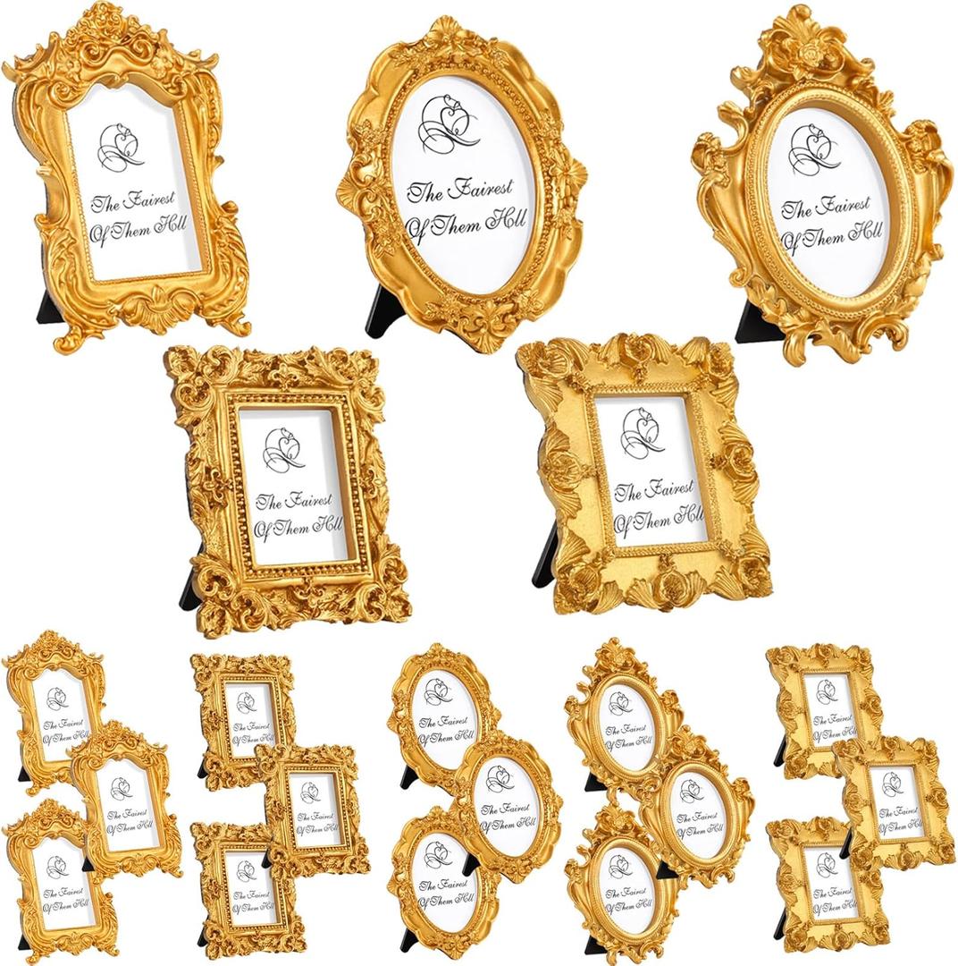 Maitys 20 Pcs Mini Picture Vintage Frames with Stands Tiny Antique Photo Baroque Ornate Resin Oval Frame Table Top Display Home Wedding Decor (Gold)