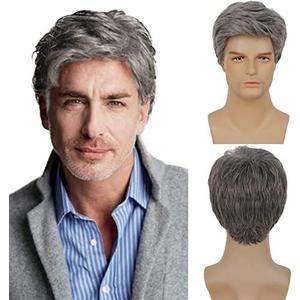 Kaneles Mens Grey Short Wig Synthetic Replacement Costume Halloween Soft Layered Natural Hair Male Wigs (Gray)