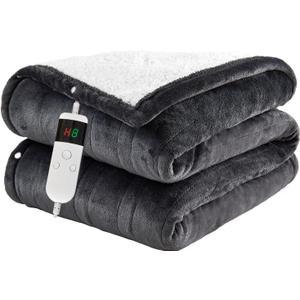 Electric Heated Blanket - Soft Flannel, 8 Hour Auto Off, 10 Heating Levels, Machine Washable, Sherpa, Overheating Protection