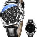 OLEVS Men's Chronograph Quartz Watches, Leather Strap Gold Case with Day Date, Waterproof Stainless Steel Wrist Watch, Luminous Hand Analog Watches for Men, Brown/Black/Blue/White Dial