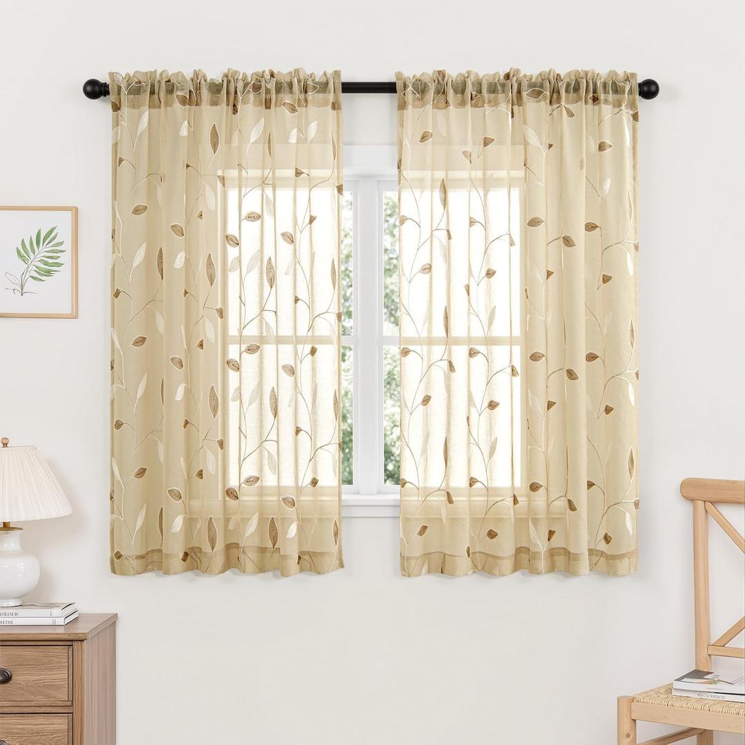 MIULEE Beige Sheer Curtains 2 Panels Embroidered Leaf Patterned Rod Pocket Floral Semi Sheer Faux Linen Short Window Curtains Drapes Set for Kitchen Living Room Bedroom, 52x54 Inches Length