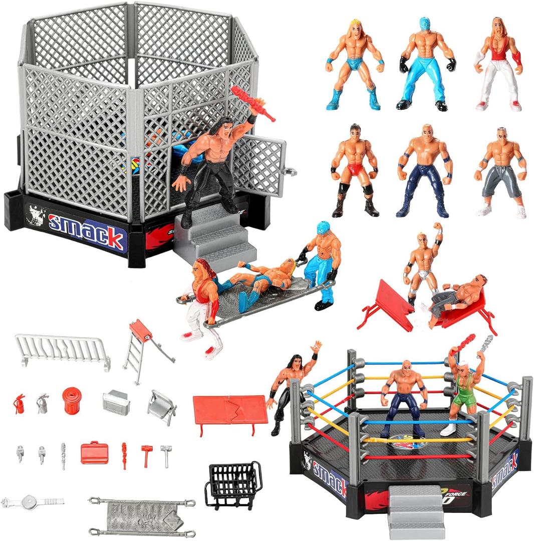 32Pcs Wrestling Toys for Kids, Wrestlers Playset with 12 Wrestling Action Figures, Wrestling Rings, Many Realistic Accessories, Toy Figures & Playset Gift for 2 3 4 5 6 Boys Girls, Cool Cake Toppers