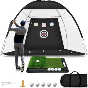 Golf Net: 10x7ft Golf Hitting Practice Net for Indoor & Outdoor Use with Heavy-Duty Base Dual-Turf Mat, Chipping Swing Training Mult-Target Nets for Backyard Driving, Gifts for Men Dad Husband Golfers