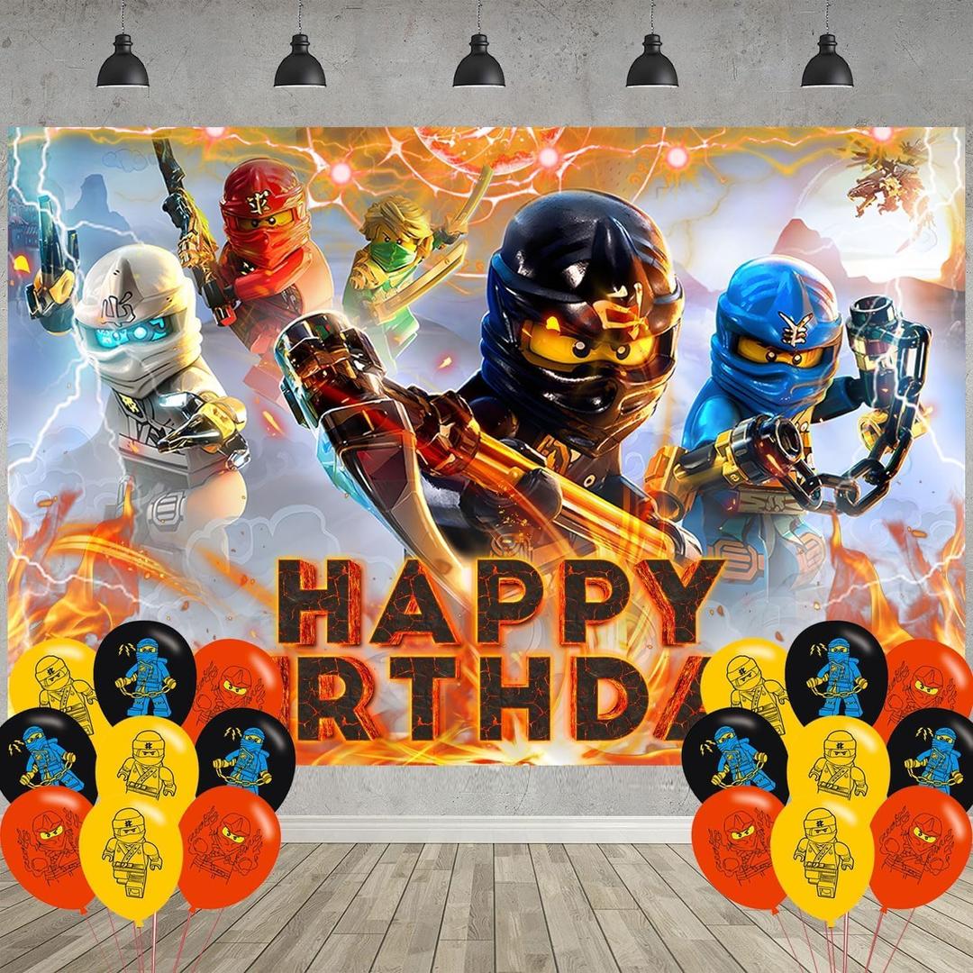 Birthday Party Decoration, Party Photo Background 5 x 3 FT and 18 Pcs Balloon,Ninja Merch Party Backdrop Supplies
