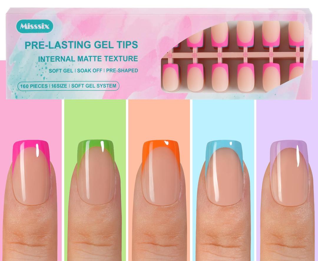 Misssix French Gel Nail Tips, 160Pcs French Tip Press on Nails Short Square, No Need to File Tips Pre-lasting, Fake Nails for Nail Art DIY 16 Sizes