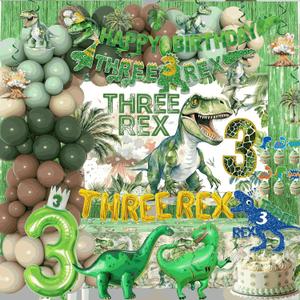 Three Rex Birthday Party Decorations for Boy 3rd Birthday Party Supplies Include Three Rex Balloons Banner Backdrop Tablecloth hat Cake Toppers swirls for 3 Rex Birthday Decorations Boys