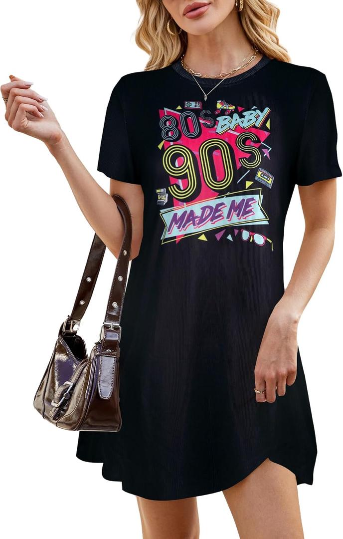 FLOYU 90s Shirt Dress Women's Short Sleeve Summer Dress 1990s Dresses 90s Neon Knee Length Dress (XL)