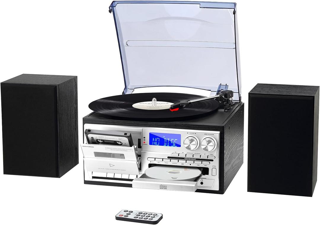 10 in 1 Record Player with External Speakers, 3 SpeedTurntable with AM/FM Radio, CD & Cassette Player, Bluetooth, USB/SD Playback, Remote Control, Black