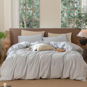 MooMee Striped Duvet Cover Set 100% Washed Cotton Linen Like Textured Breathable Durable Soft Comfy (Cornflower Blue White Pinstripes, King 104"x90")