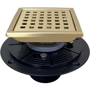 4 Inch Brushed Gold Shower Floor Drain Square for Bathroom Kitchen Removable Grill Plate Cover with Flange Kit, Sus304 Stainless Steel Brass Finish