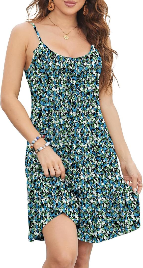 Swimsuit Coverup for Women Summer Dress Spaghetti Strap Dresses Eyelet Sundresses Causal Beach Vacation Clothes (Small, Floral Blue White)