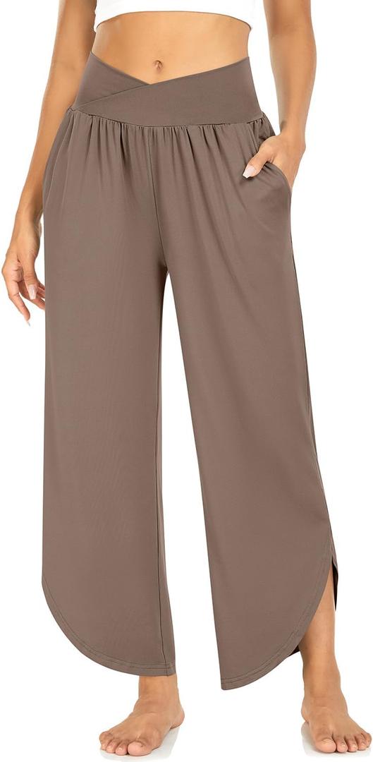 TARSE Wide Leg Pants for Women Cross High Waisted Yoga Pants Casual Lounge Joggers Loose fit Pajama Bottoms with Pockets (X-Large, Light Coffee)