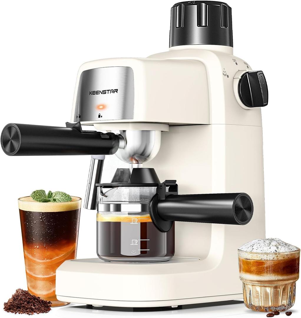 KEENSTAR 3.5Bar Espresso Machine with Milk Frother, 800W Compact Espresso and Cappuccino Machine with Preheating Function, 4 Cup Espresso Maker for Cappuccino or Latte, Gift for Coffee Lover (Creamwhite)