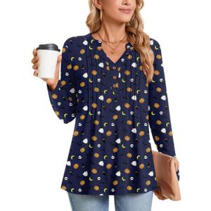 Bestbee Women's Long Sleeve Tunic Tops Pleated Button-Down Shirts 2024 Fall Tops V Neck Dressy Blouses Casual T-Shirts (Blue, XXL)