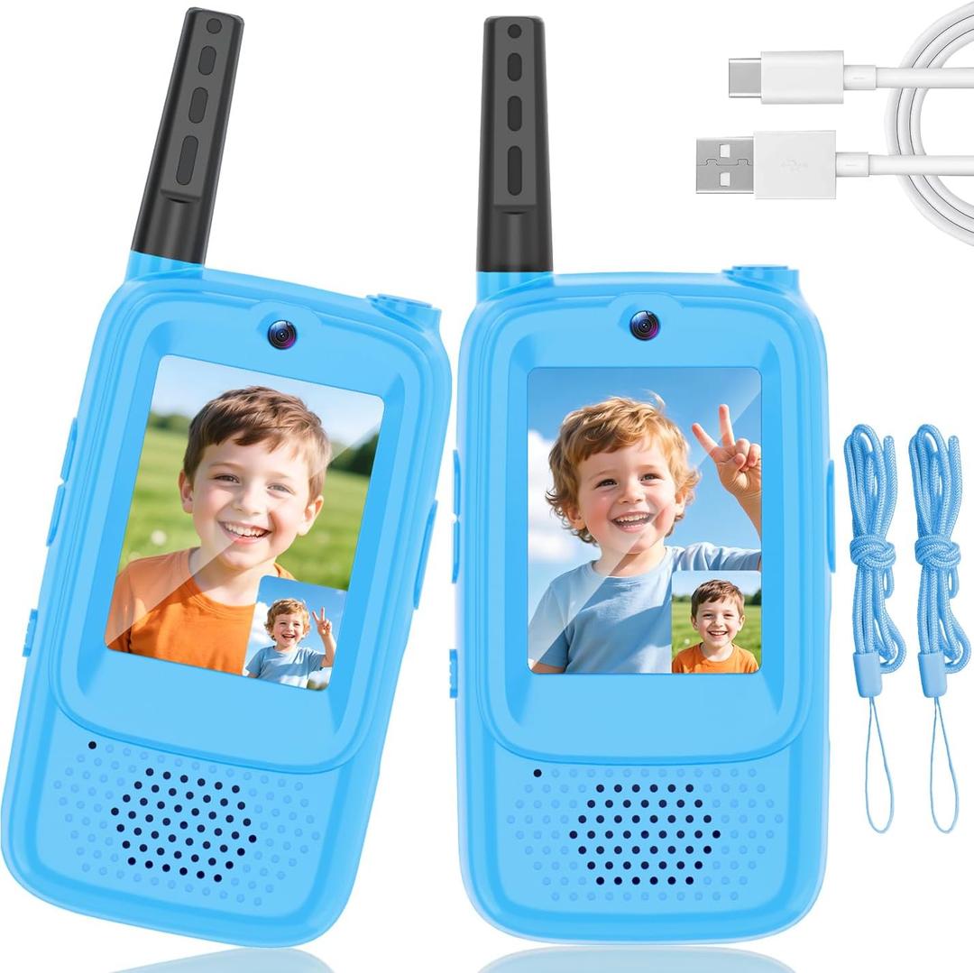 Video Walkie Talkies for Kids, 2 Pack Rechargeable Kids Walkie Talkies Long Range Outdoor Christmas Birthday Toddler Toys Gifts for 3-12 Year Old Boys Girls for Outside, Camping, Travel, Hiking, Blue