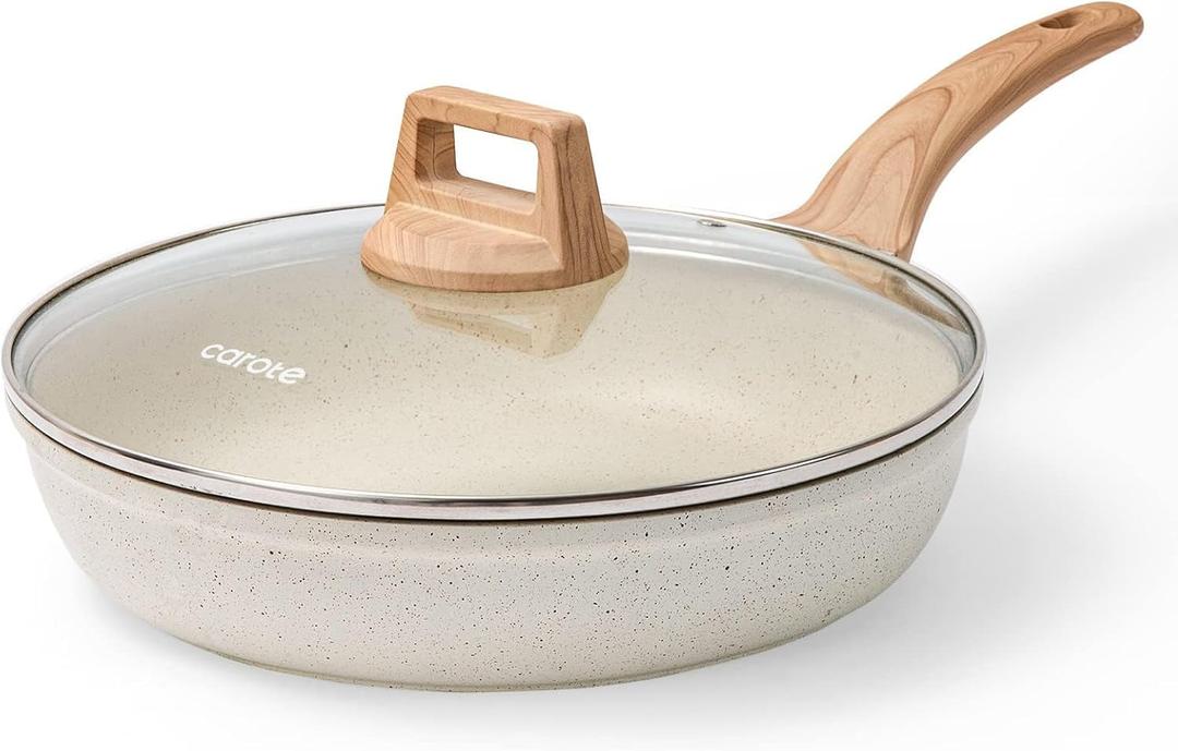 CAROTE Non Stick Frying Pan Skillet,10" Nonstick Fry Pan with Glass Lid, Egg Pan Omelet Pans, Granite Cookware PFOA Free White Granite, 10-Inch