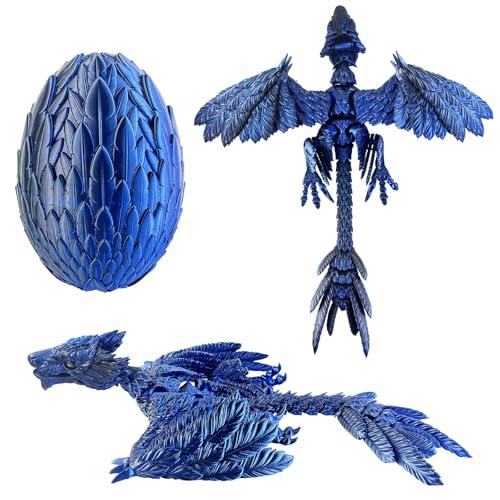 YVBBHE Extra Large Dynamic 3D Printed Dragon Egg with Dragon Inside，Open and Close Mouth with Wings Movable and Eyes, Feathered Wyvern Articulated Crystal Flying Fidget Bird Animals (Dark Blue)