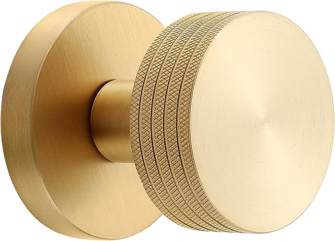 Knurled Brass Passage Door Knob  Industrial Style Grip Handle, Solid Brass Build, Brushed Finish  Fixed 70mm Backset for Hallway & Closet (Brushed Brass, Passage-2.75 in)