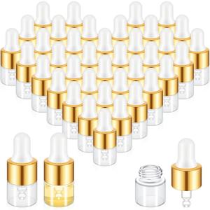 200 Pcs Mini Glass Dropper Bottles Mini Sample Bottles Small Sample Vials with Lid for Traveling Essential Oils Cosmetic Liquid Perfume(1 ml,Gold)