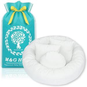 4PC Newborn Photo Props Baby Photography Basket Pictures Infant Posing Props, 1 Photo Donut, 3 Posing Pillows(Fits 0-3 Month) (White)