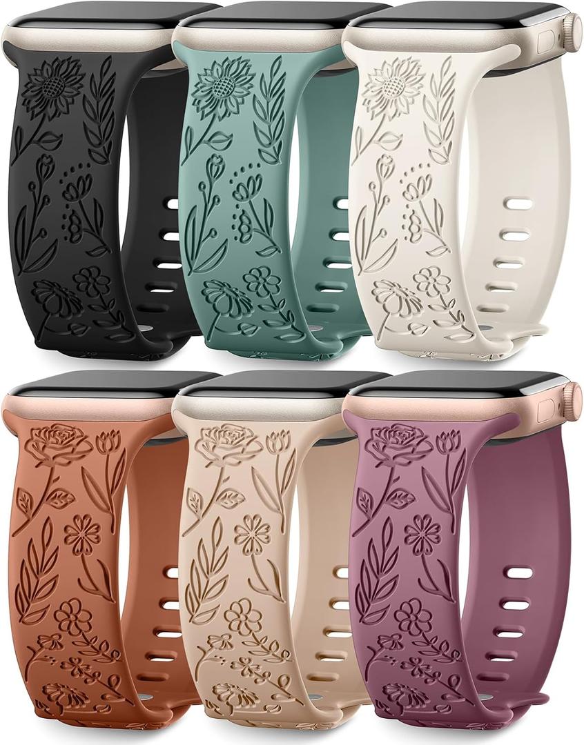 SNBLK 6 Pack Floral Engraved Bands Compatible with Apple Watch Bands 40mm 41mm 42mm 38mm 44mm 45mm 46mm 49mm Women Men, Silicone Flower Pattern Strap for iWatch Series 11 10 Se Ultra 9 8 7 6 5 4 3 2 1 (Black/Pine Green/Starlight/Brown/Milk Tea/Smoke Violet)