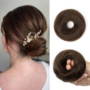 Real Hair Bun Extensions Elastic Ponytail Wrap No Claw Clip Design Curly Bun Hairpieces for Women Updos Small Messy Buns Long Lasting Stretch Band (16g, s02 Dark Brown)