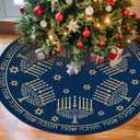 Blue Hanukkah Christmas Tree Skirt 36in, Happy Hanukkah Tree Ornament Decor for Gold Candlestick Stars Christmas Tree Mat, Chanukah Decorations for Home New Year Holiday Party