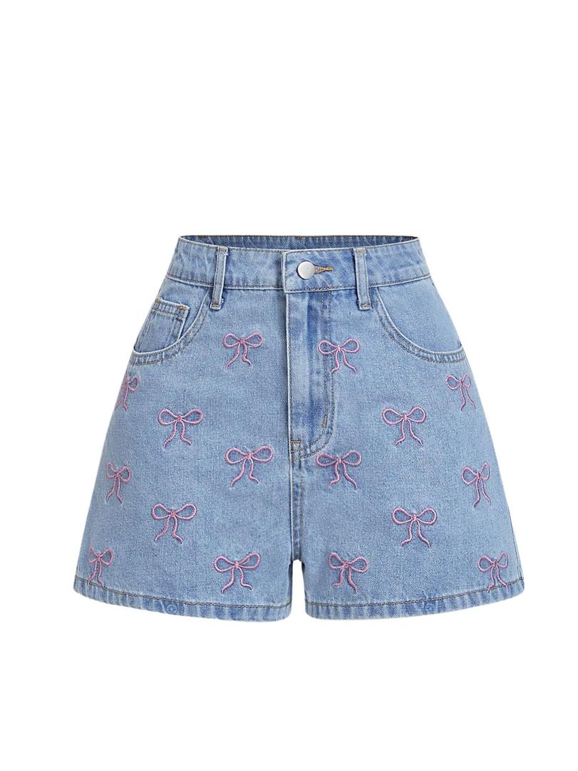 WDIRARA Women's Bow Embroidery Denim Shorts Y2k Jean Shorts with Pockets Light Wash 26 (Blue)